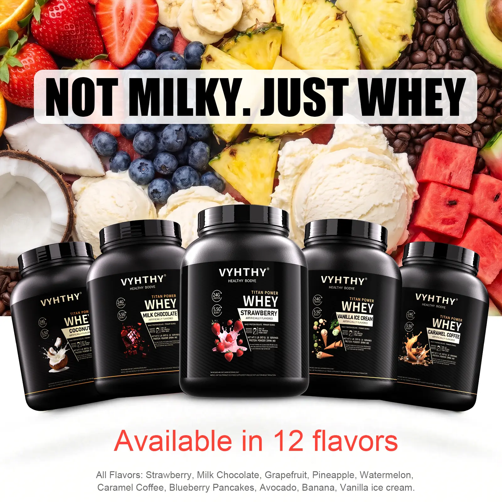 VYHTHY Whey Protein Powder - 10 Fruit Flavors, 28g Protein,  High-Quality Whey Isolate & Concentrate, Supports Muscle Growth & Recovery - Healthcare Fitness Supplement