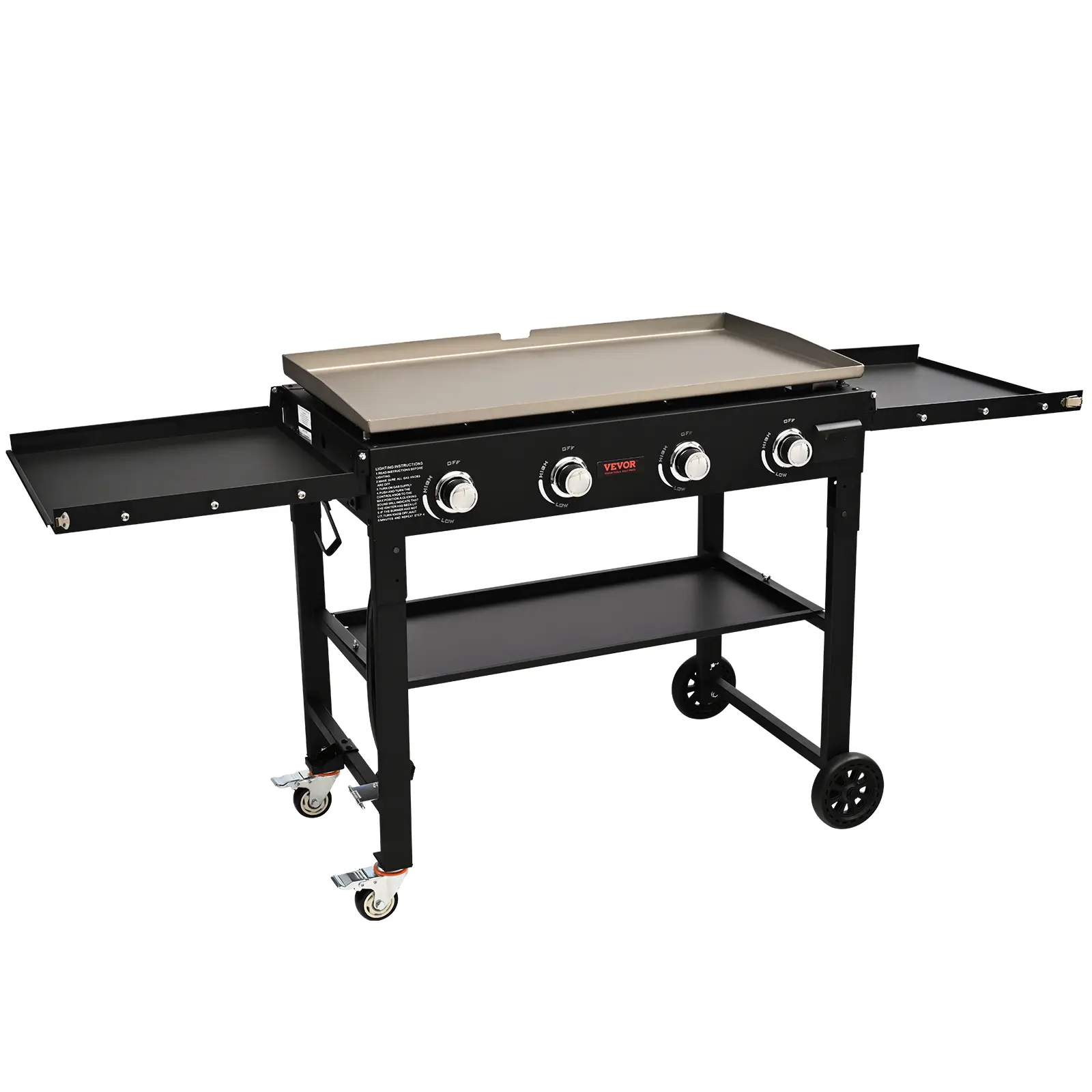 VEVOR Commercial Griddle on Cart, Summervibes,36" Heavy Duty Manual Flat Top Griddle, Outdoor Cooking Station with Side Shelves, Steel LPG Gas Griddle, 4-Burners Restaurant Portable Grill - 60,000 BTU,home essentials