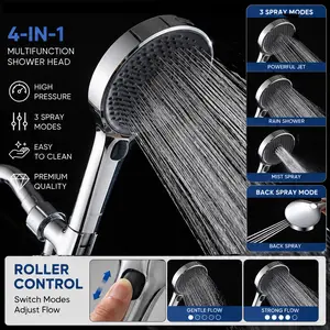 Award-Winning 4-in-1 High Pressure Handheld Shower Head | Innovative Roller Flow Control | Pet & Baby Friendly | Anti-Clog Chrome Showerhead