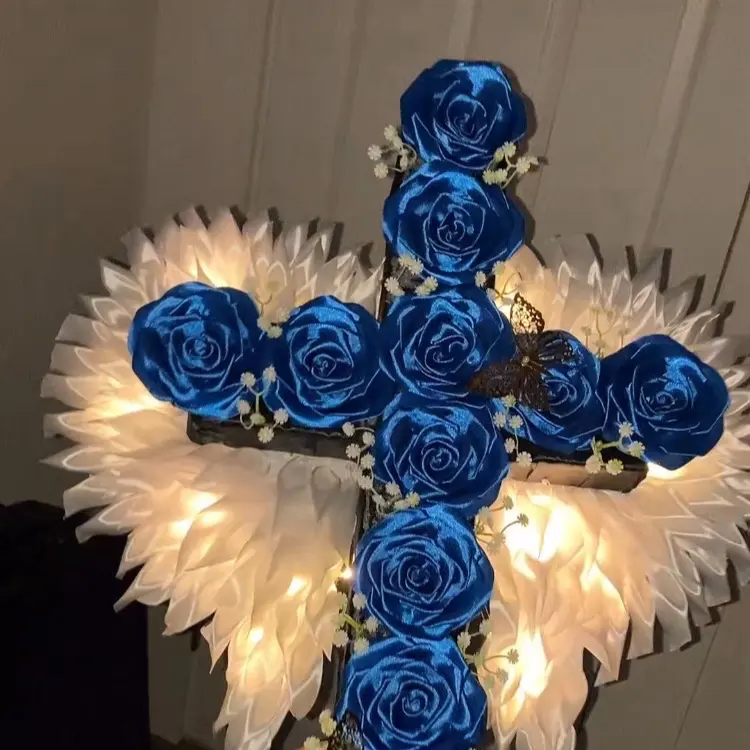 Cruz Elegant Memorial Tribute Decorative Cross - Winged Design, Blue Silicone Flowers, LED Lights, Durability, Versatile Home Decor for Deceased Loved Ones, Tributes, Elegant Tribute