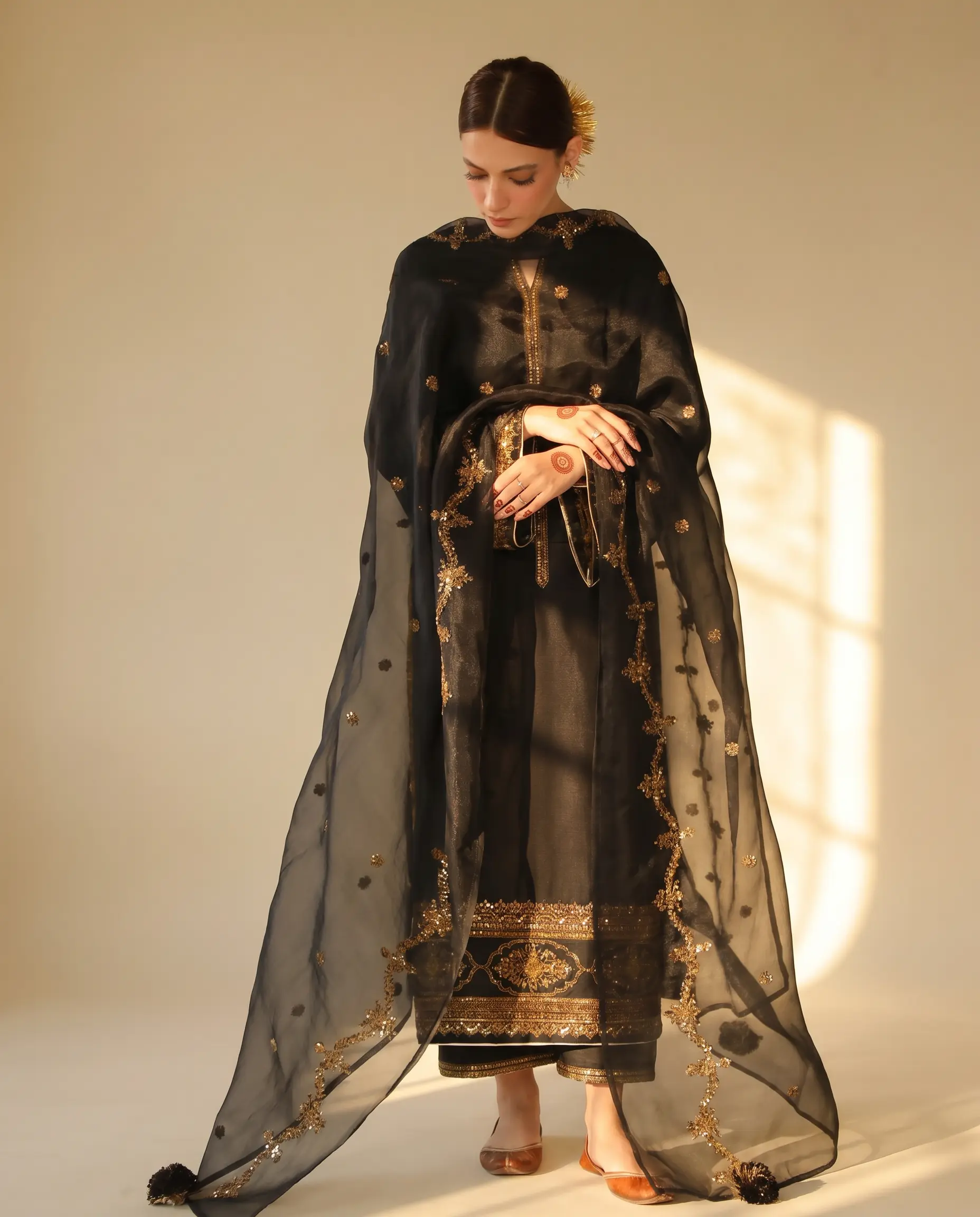 Women's Andhera 3PC Organza Dupatta, Embroidery Design, Long Sleeve Ethnic Wear for Salwar Kameez, Straight Cut, Full Sleeves, Lawn Fabric, Elegant, Shirt, Trouser, Clothes
