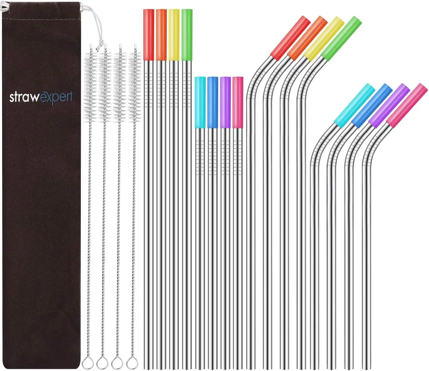 StrawExpert 16-Piece Reusable Stainless Steel Straws Set with Travel Case, Cleaning Brush & Silicone Tips - Eco-Friendly Extra-Long Metal Straws for 20, 24, 30 oz Tumblers, Silver