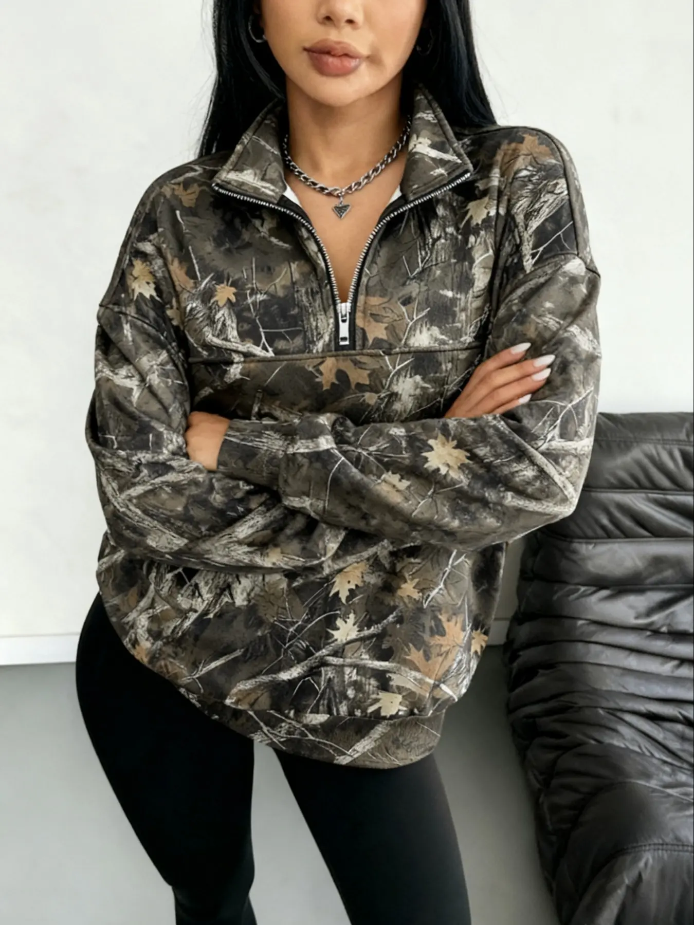 Women's Street Vintage Camo Print Zipper Long Sleeve Hoodie, Reunion School Clothing, Graduation, Teacher, Casual Style Fall Fashion