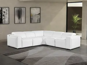 Global United 1224WH-5PC 5-Piece Divanitalia White Italian Leather Power Reclining Sectional Sofa Couch, Modern Comfy Couch with Adjustable Headrests, Modular Living Room Sofas