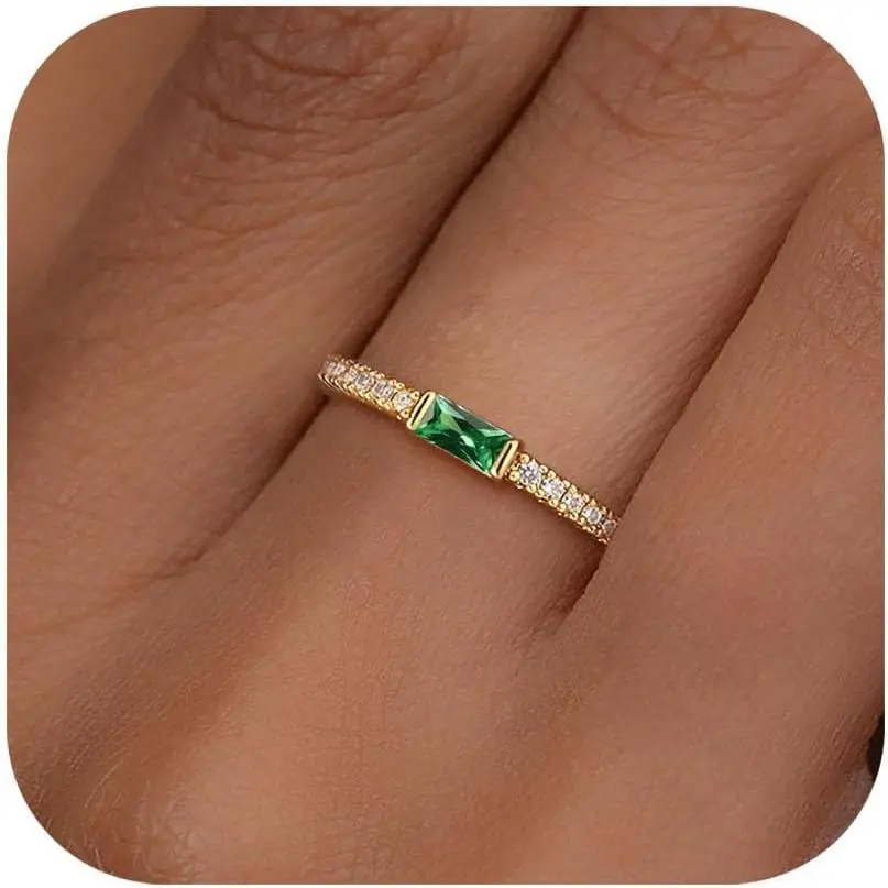 Birthstone Gold Rings for Women Non Tarnish 14K Gold Plated Eternity Stacking Ring Dainty CZ Gemstone Engagement Rings Wedding Band Jewelry Gifts Size 6-10