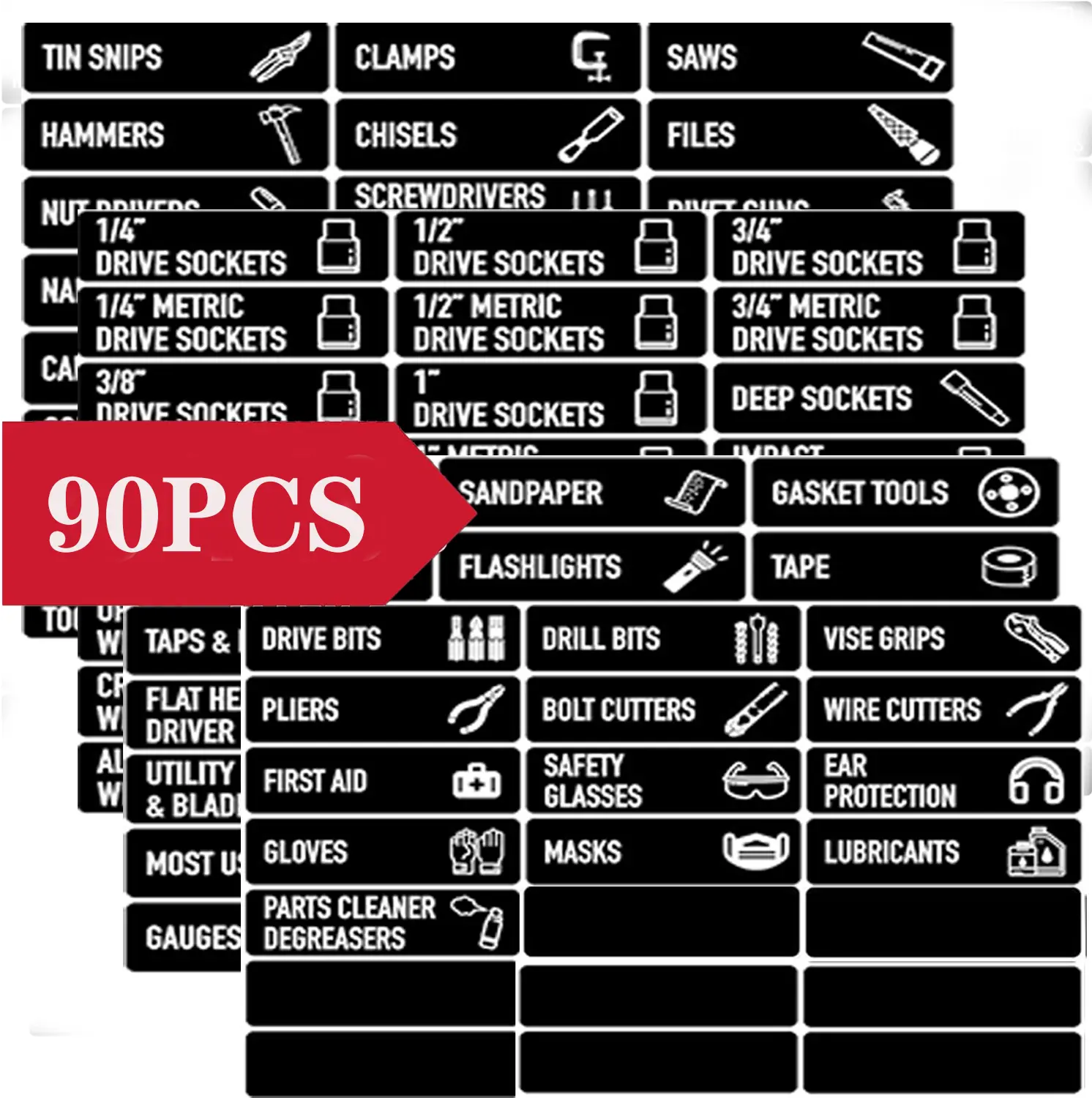 Magnetic Tool Labels for Toolbox – 90 Piece Heavy Duty Drawer & Tool Chest Labels (Black 3.5x1.0 in), Large Magnetic Toolbox Labels for Steel Drawers, Toolbox Organization Magnets for Garage Storage