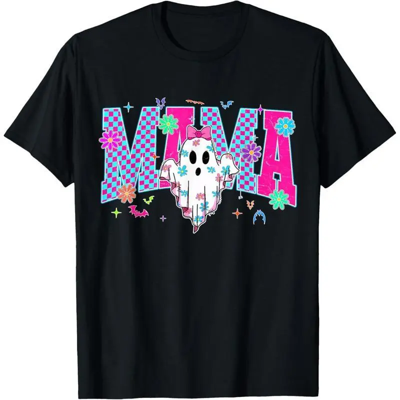 Spooky Mama T-shirt for Women, Cute Coquette Ghost Graphic Short Sleeve Crew Neck Cotton Top with Bow Detail for Halloween