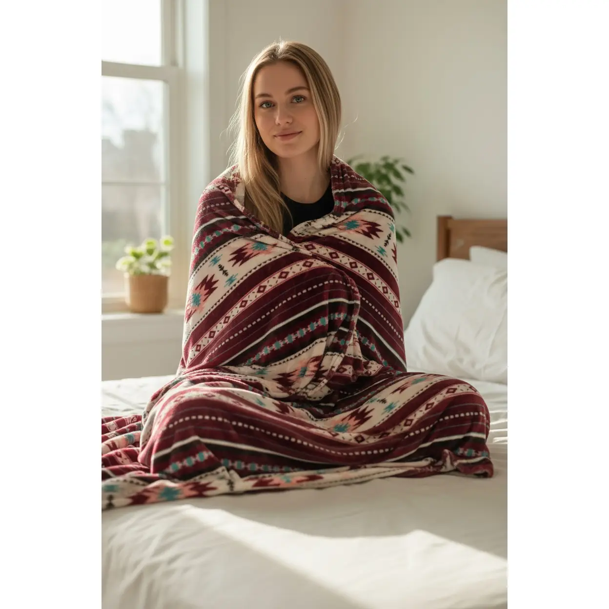 Burgundy Southwestern Tribal Aztec Soft Fleece Throw blanket 50"x60"
