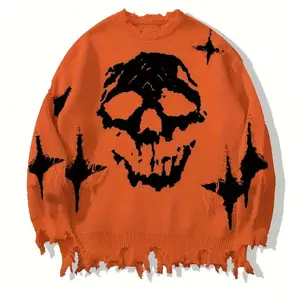 Hip-Hop Dark Street Skull Jacquard Ripped Sweater Autumn Winter Loose Pullover Knitwear Halloween Face Patchwork Hoodie