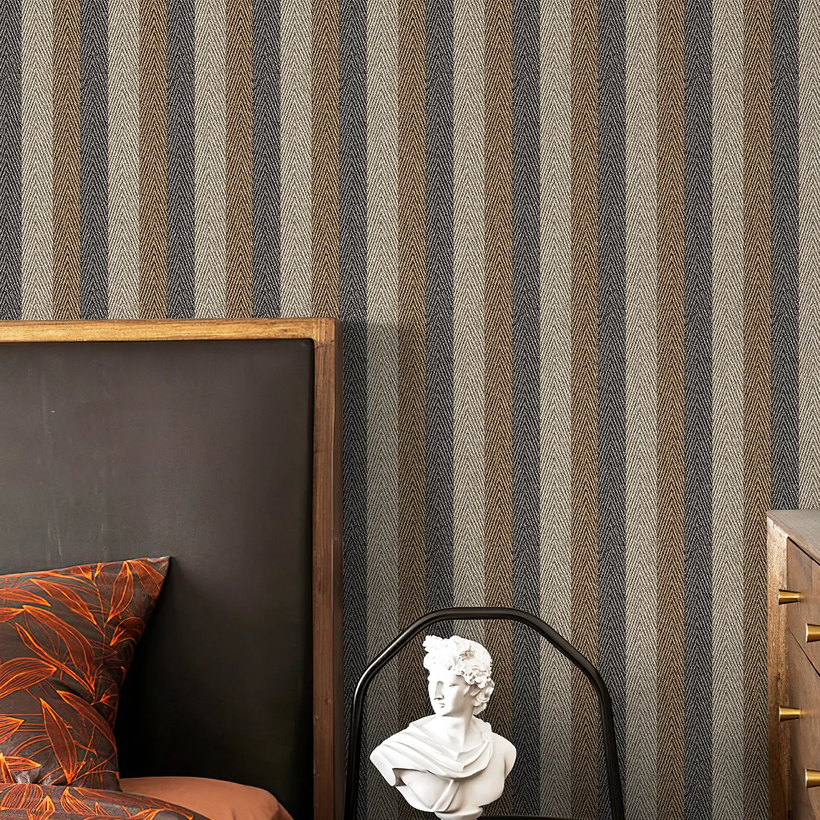 Textured Fabric Wallpaper Peel and Stick 17.3"x400" Beige/Brown/Grey Stripes Printed Grasscloth Wall Paper Faux Linen Look Contact Paper Self-Adhesive Vinyl for Bedroon Accent Wall