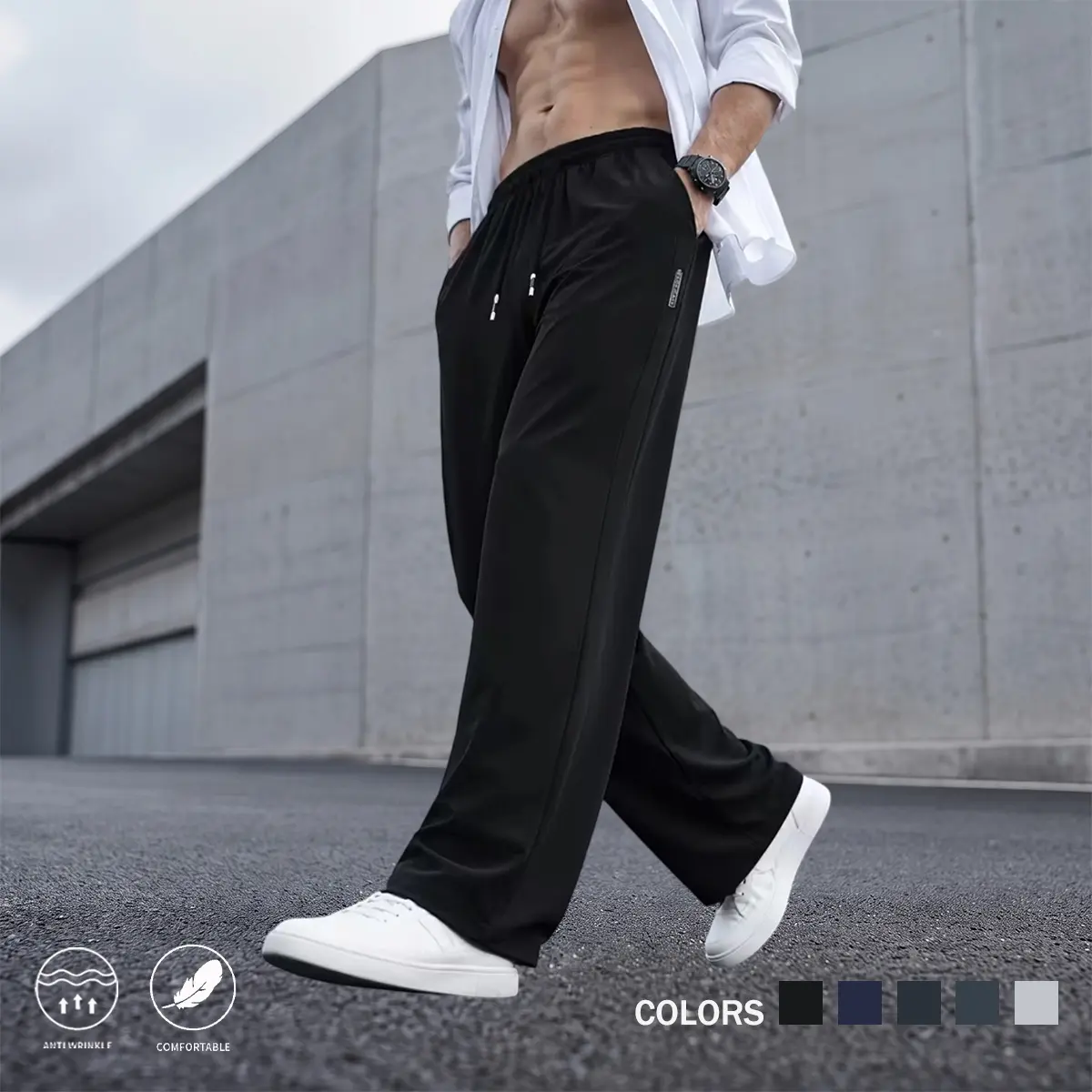 Men's Elastic Waist Quick-Dry Slim-Fit Tapered Leg Polyester Blend Pants - for Running, Gym - 95% Polyester-5% Spandex, Breathable, Lightweight, Agile, Comfortable, Elastic Waist Pants