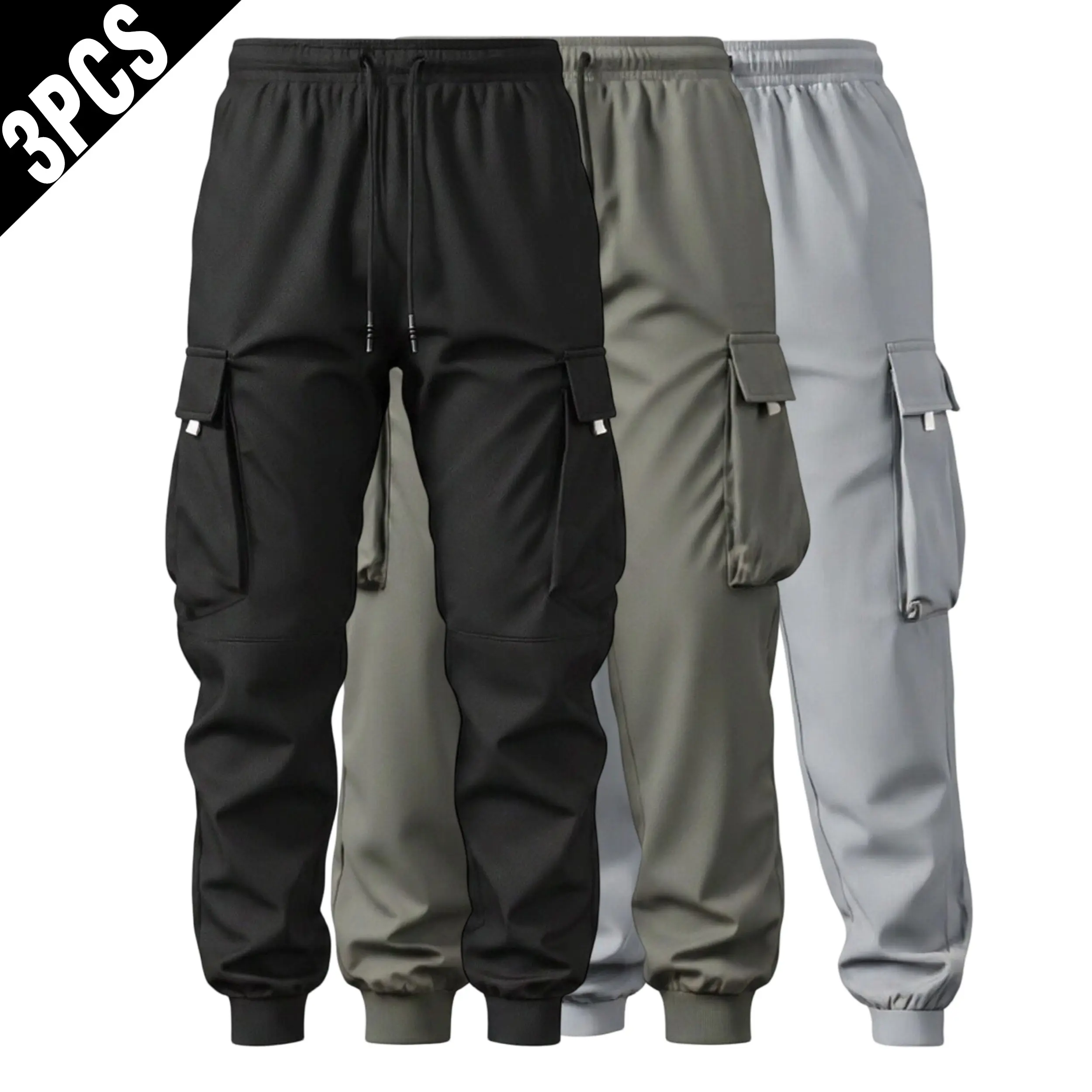 3 Pack Men Big Flap Side Pocket Cargo Cuffed Joggers, Elastic Waist Metal Tip Drawstring Loose Fit Lightweight Utility Casual Athletic Cargo Sweat Pants Multipack sport pant sweatpants