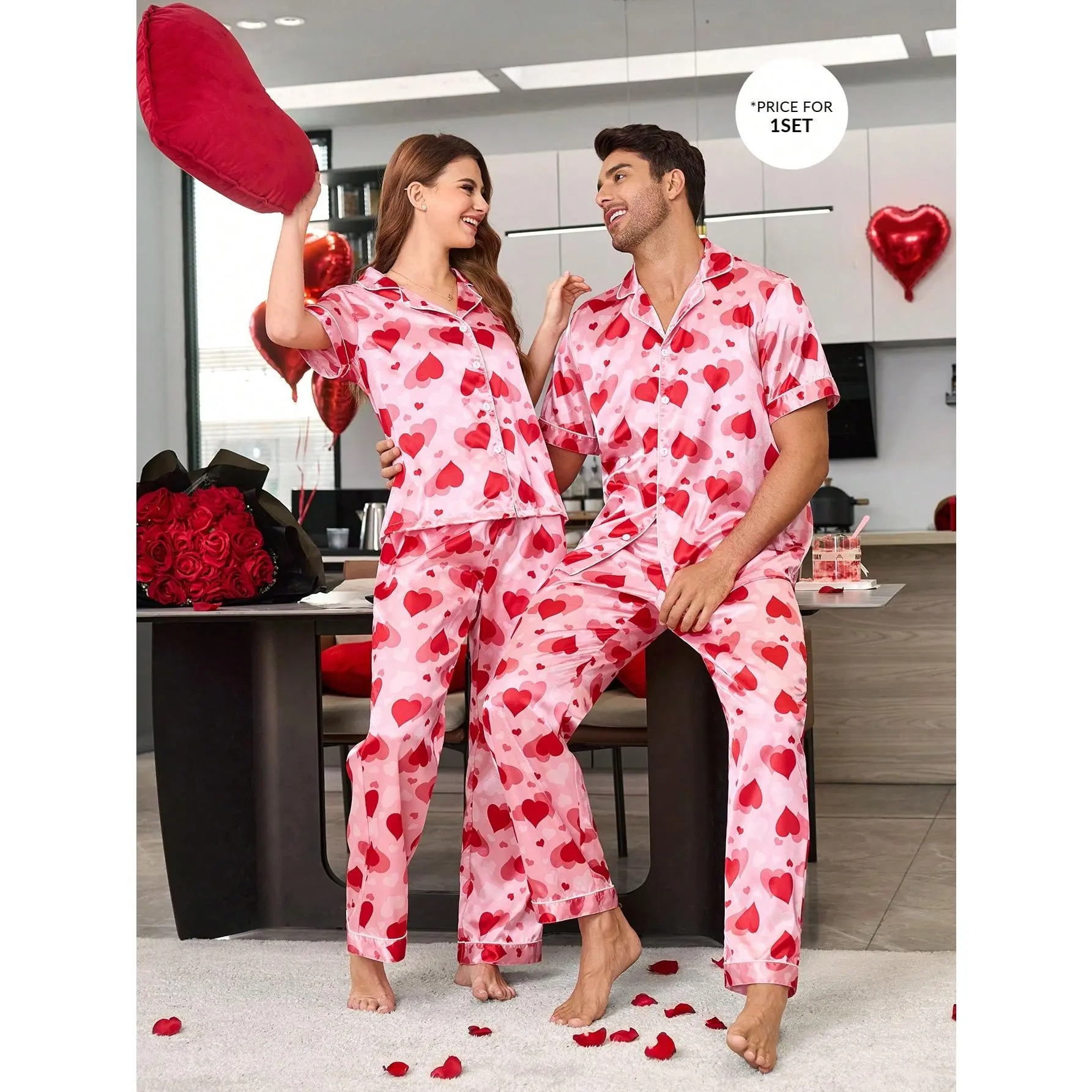 CoupledUp Men's Heart Print Pajama Set, Boyfriend Gift