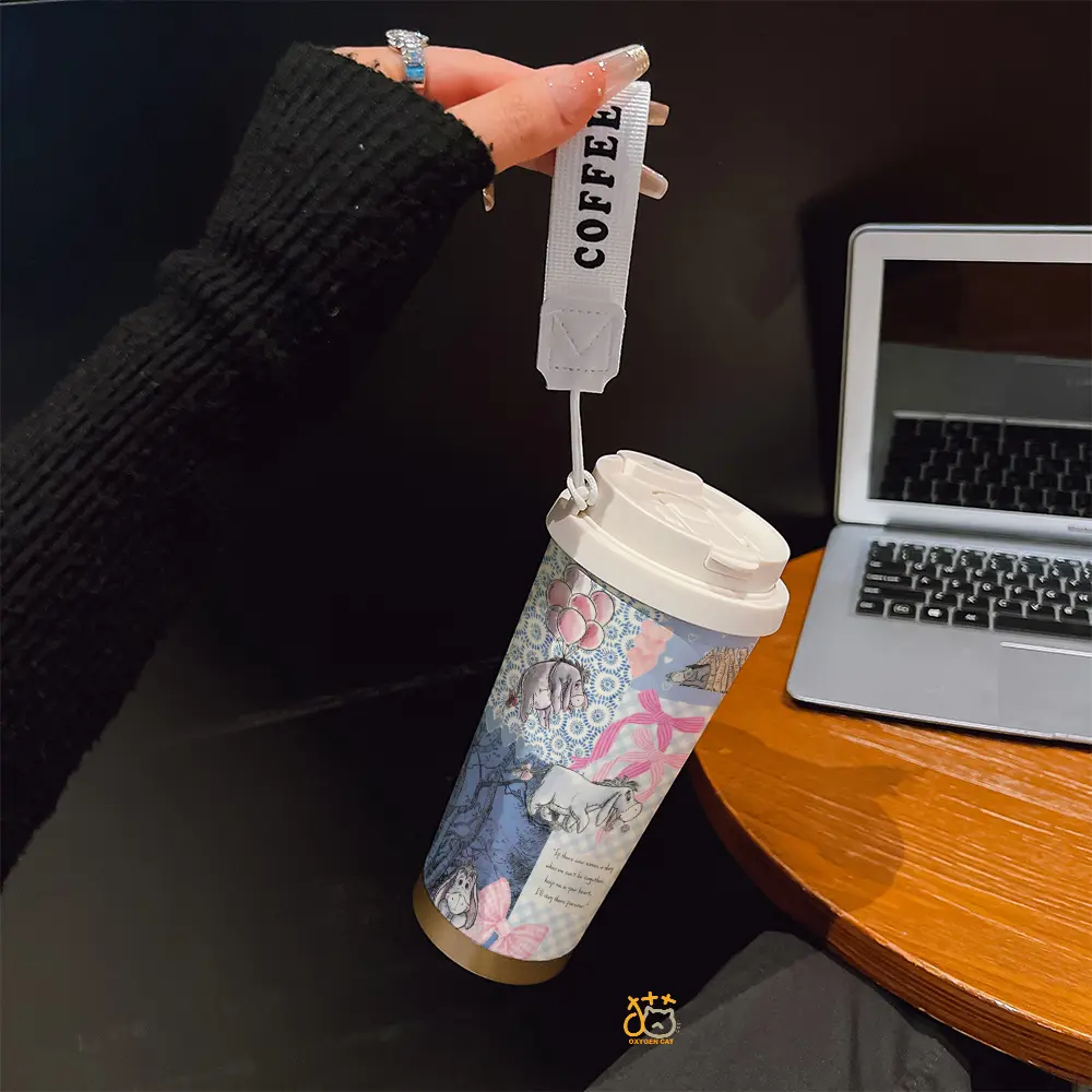 Coffee mug ~ 530 ml / 17.92 oz insulated mug，Watercolor Eeyore with Balloons & Bows Pattern PrintDouble-walled, leak-proof, travel mug with handle; perfect for coffee lovers, art enthusiasts, sports enthusiasts, and those seeking a gift.