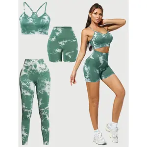 Three-piece tie-dye yoga set, sports bra and high-waisted running fitness leggings, Women's sportswear
