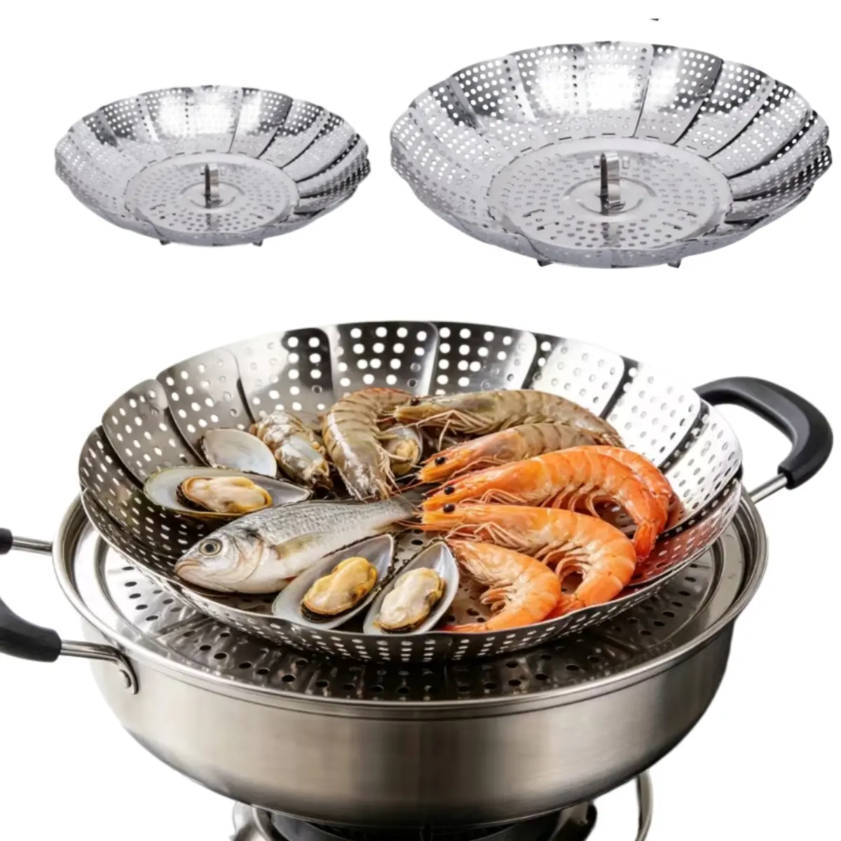 2pc Stainless Steel Folding Steamer Basket - Versatile, Collapsible Steamer Insert for Healthy Cooking - Multi-Functional Kitchen Steamer Rack Without Power Supply