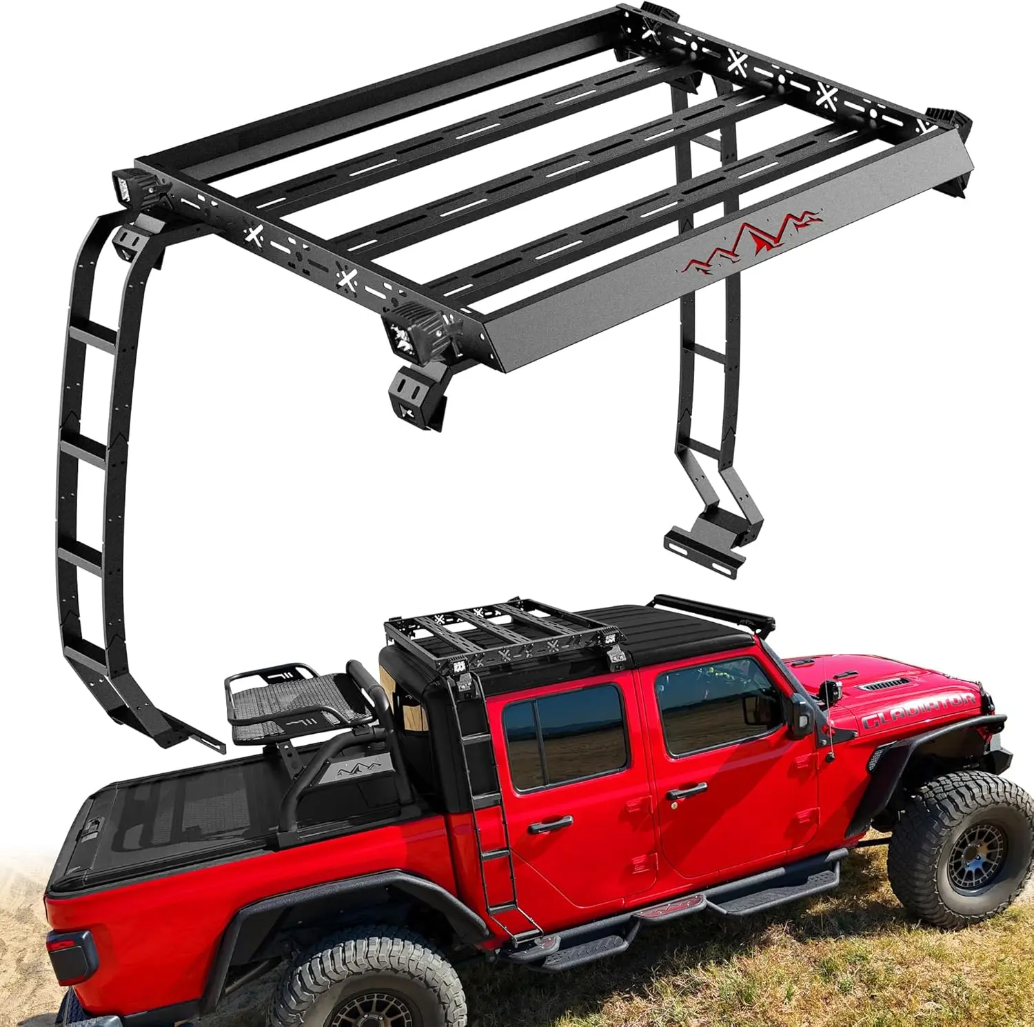 MONOKING Roof Rack Cargo Basket for 2020-2026 Gladiator JT 4-Door Hardtop, Steel, 400 lb Capacity, Ladder and LED Lights
