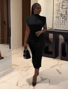 USBOUTIQUE CHIC Women's Breathable Fabric Stretchy Mock Neck Cap Sleeve Curvy-Friendly Bodycon Midi Dress, Casual Everyday Wear