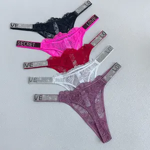 3pcs Sparkling Rhinestone "I Love You" Lace Thongs for Women - Ultra-Thin, Sexy Sheer Panties with Wide Waistband, Hand-Washable in Assorted Colors (Black, Red, Purple, White)