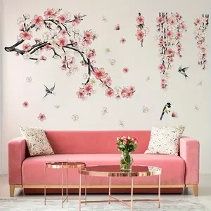 A set of three (30*90cm*3pcs) peach blossom plant, bird and flower decorative wall stickers for living room and entrance decoration and beautification, self-adhesive Floral Pattern Sticker MG19073-NC Art Stickers