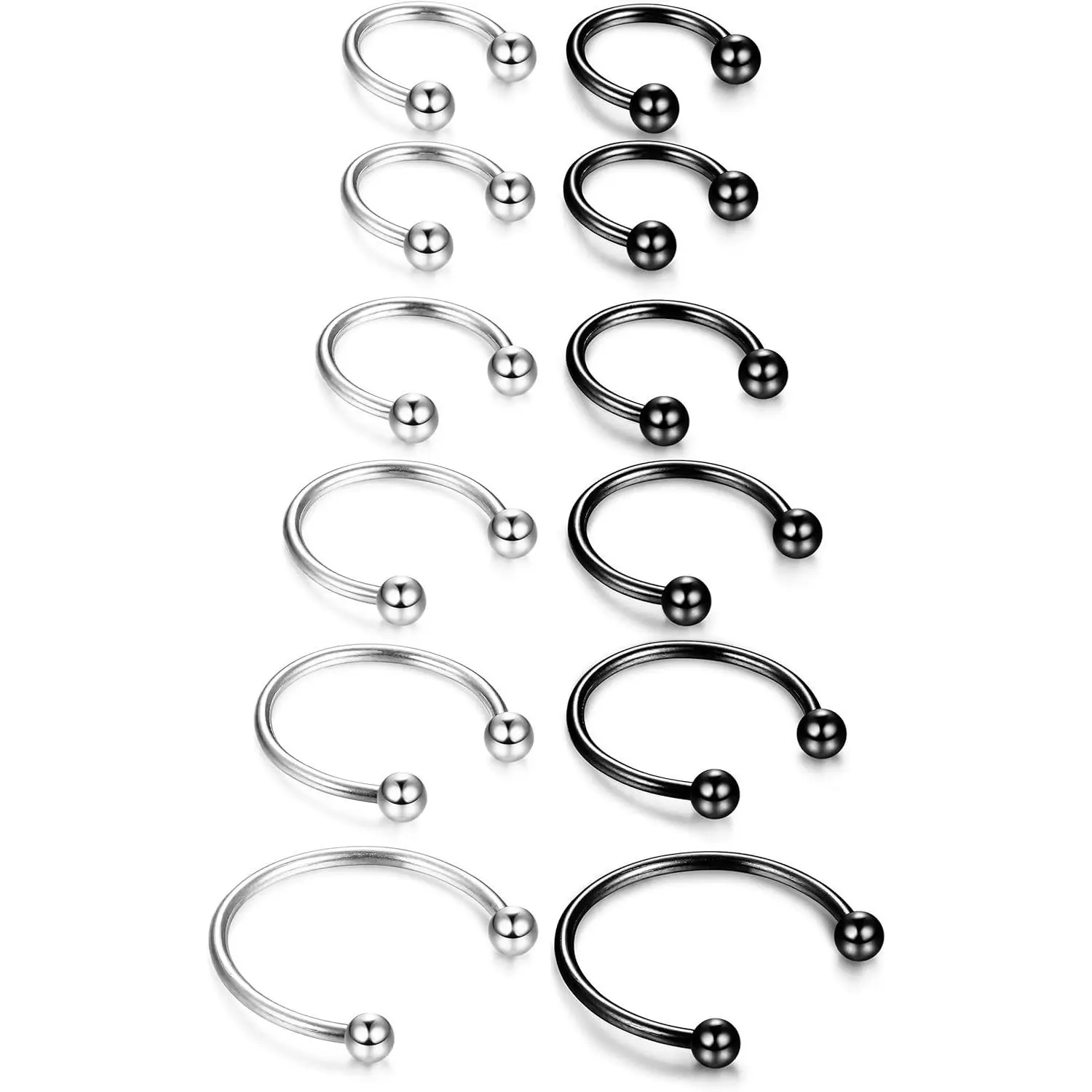 MILACOLATO 12Pcs Hypoallergenic Stainless Steel Piercing Party Pack - 14-16G Nose Rings, Septum Horseshoe, Cartilage Earrings, 6-16mm, Simple Secure for Daily Wear