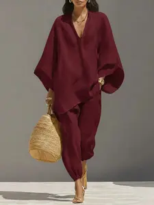 Minimalist Loose Fit Set, V Neck Shirt + Lantern Pants, Conceal Fat Slimming, Vacation Commute, Complete Dressing Set