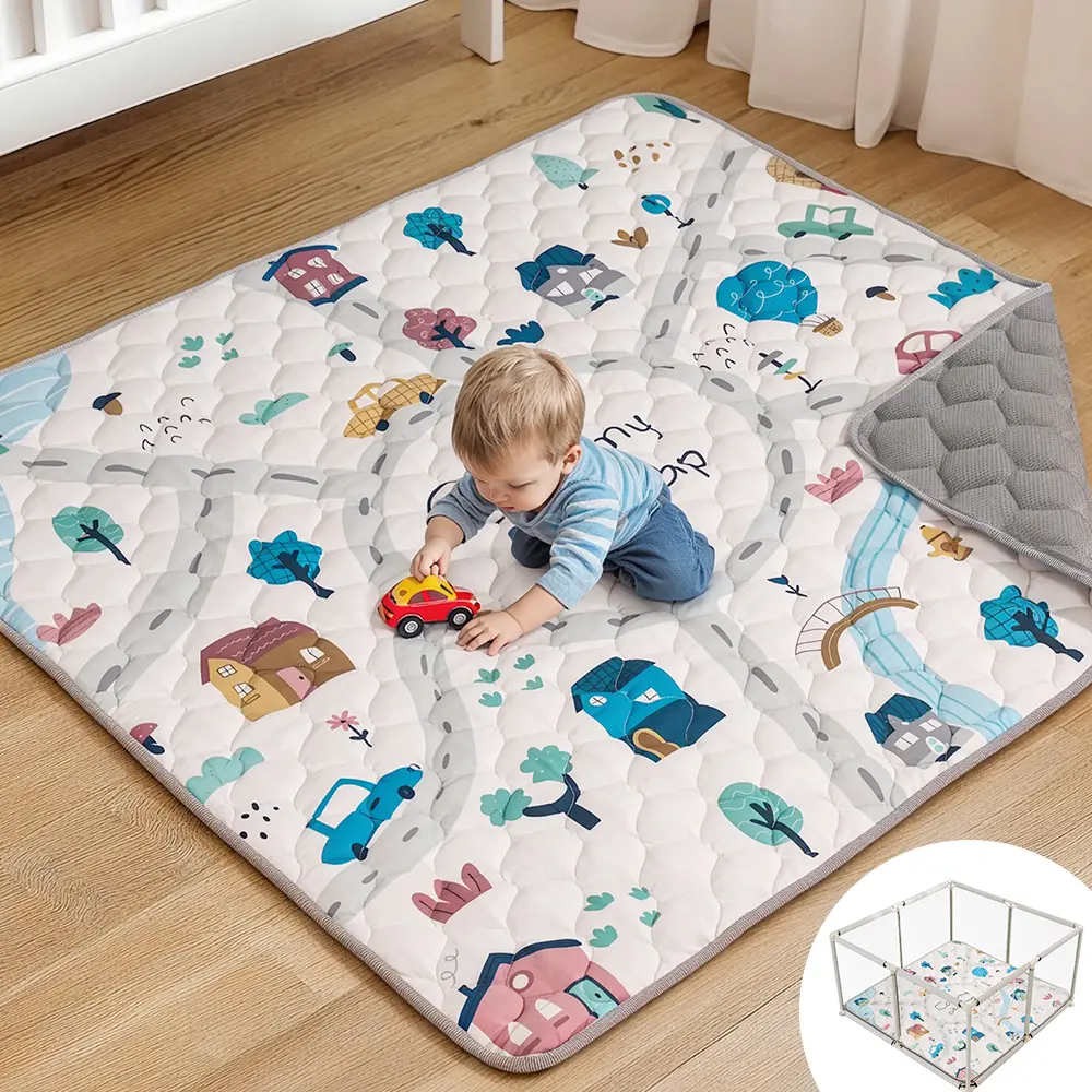 BIOBY Grayish-White Padded Play Mat - Thick Soft Cotton, Foldable Anti-Slip Nursery Development Mat, 50"x50"/71"x79" Non-Toxic Playgyms & Playmats for Infants with Crawling-Ready Space (dealsforyou, summerwins, restock, dealsforyoudays, DFYD), Play Mat Fo