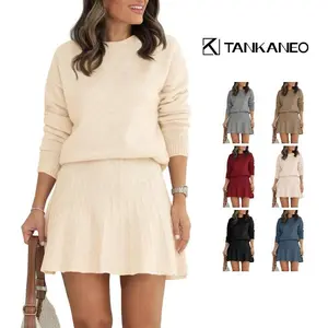 Women’s 2-Piece Long Sleeve Round Neck Sweater Pleated Mini Skirt Knitted Casual Set GARMENTARY