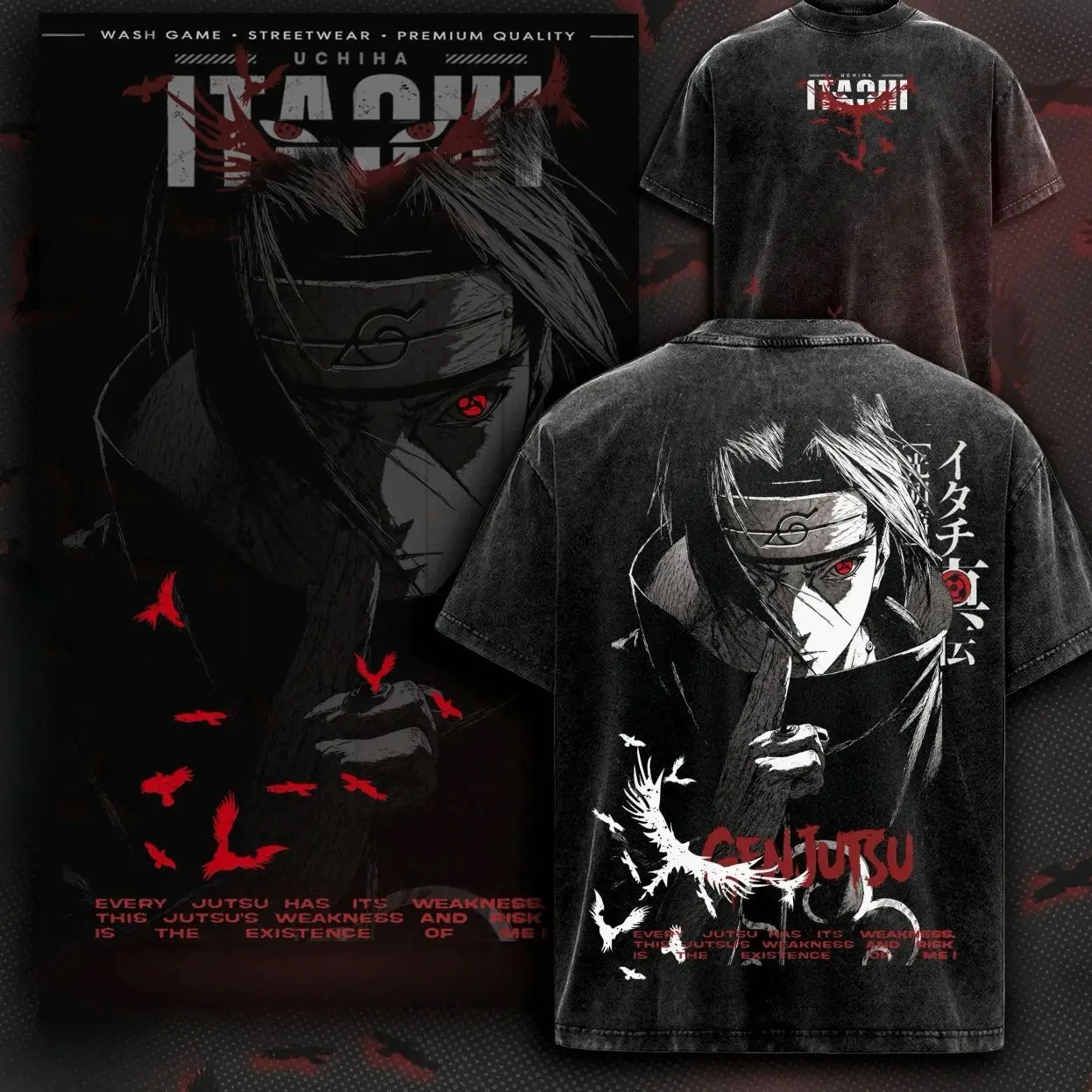 Uchiha Itachi Vintage Washed Black Tee Dual Side Small White ITACHI Letter Red Crow Chest Print White Line Sharingan Vertical Japanese Kanji GENJUTSU Crow Flock Ninja Quote Back Street Top PZ8