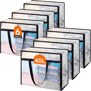 6 Pack Clear Blanket Storage Bags, Foldable Plastic Clothes Organizer with Zipper, Closet Organization Containers and Moving Bag for Comforter, Bedding, Duvet, 40L