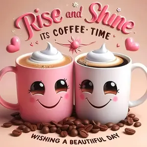 Cute Smiley Coffee Mugs 5D Full Drill Diamond Painting Kit - Kawaii 'Rise and Shine' Coffee Time Art with Pink Hearts & Coffee Beans, DIY Rhinestone Kitchen Decor & Perfect Gift for Coffee Lovers