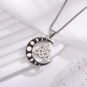 Star Moon Irish Celtic Knot Necklace Titanium Steel Pendant Necklace Men Women Daily Wear Gift
