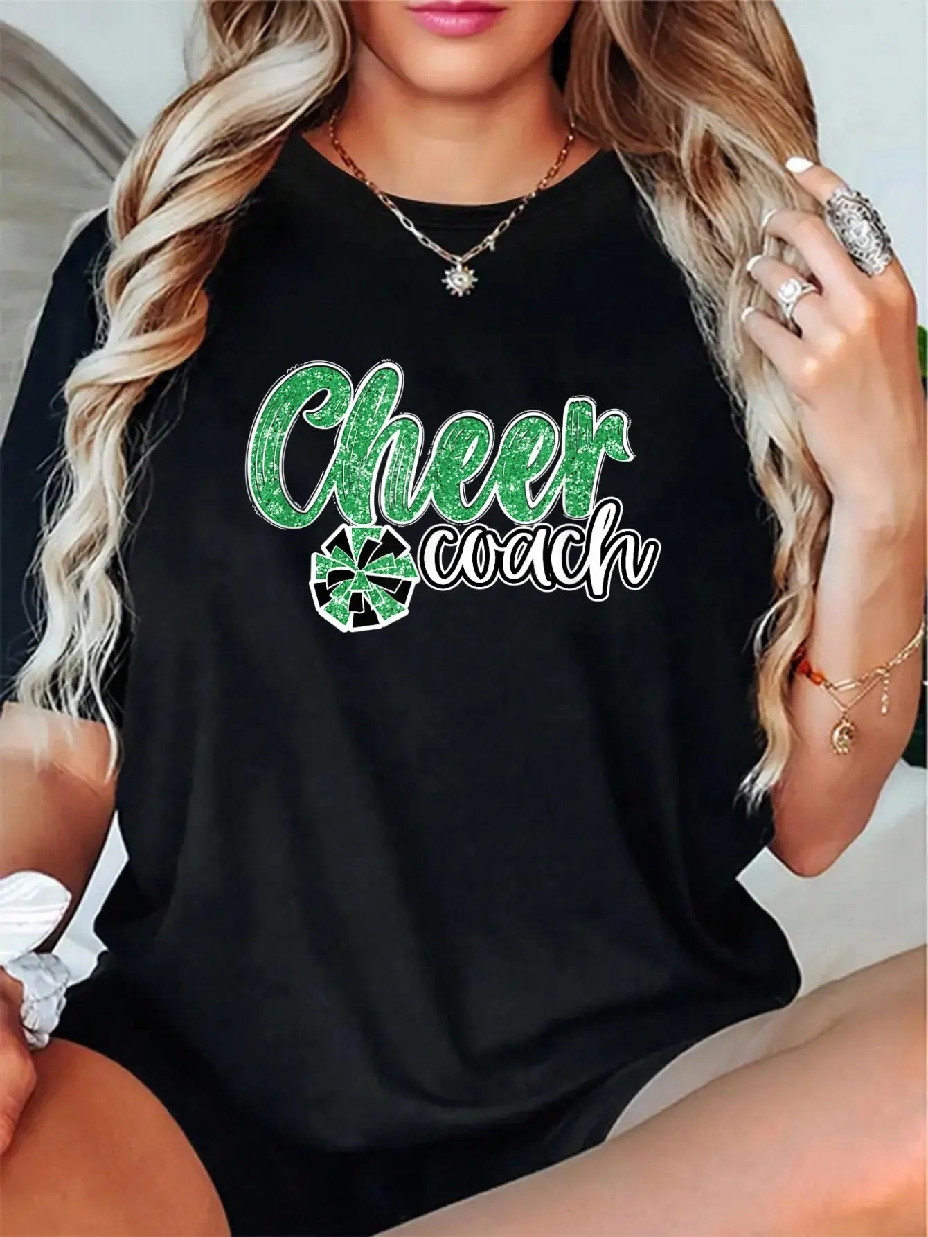 100% Cotton Unisex Womens Cheer Coach Shirt, Leopard Cheetah Print Green Cheer T-Shirt – Cute & Comfy, Casual Everyday Look, Perfect for Her