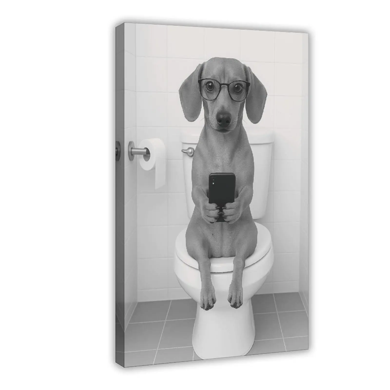 Artistic 16x24inch(40x60cm) Tan Dachshund On Toilet Texting Black-White Photo - Eco-Friendly Sun-Protection Waterproof Print, Funny Bathroom Wall Decor, Home Supply Poster