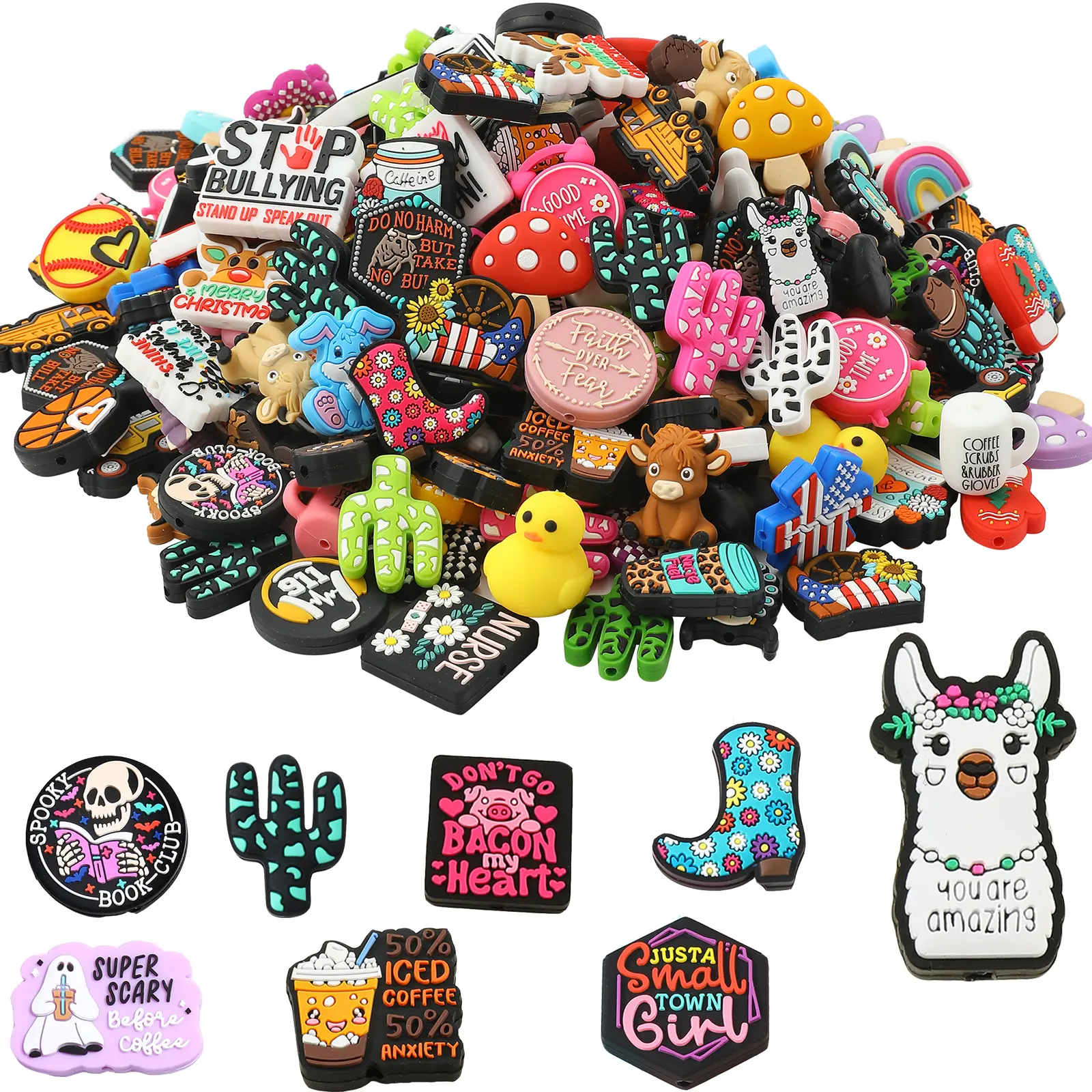 50 Pcs Random Style Silicone Focus Beads Bulk, DIY Jewelry Making Supplies for Keychains, Bracelets, New Year Crafts, No Battery Needed, No Warning Applicable