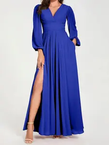 Elegant Fashion Women's Solid Color High Slit V Neck Dress, Perfect for Everyday Work, Formal, Evening Party Wear