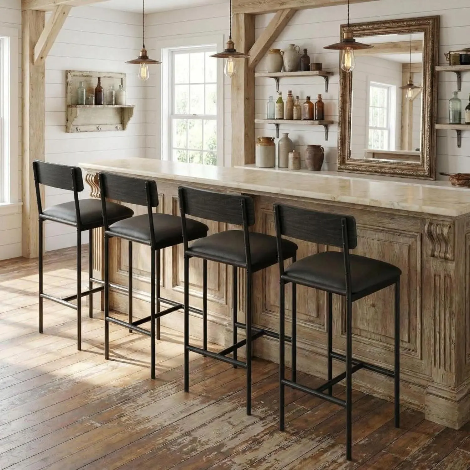 Bar Chairs Set of 4, Counter Height Ergonomic Upholstered Bar Stools with Backrest & Footrest, 350LB Capacity & Steel Frame Barstools, Modern Furniture for Kitchen Island, Bar & Dining Room