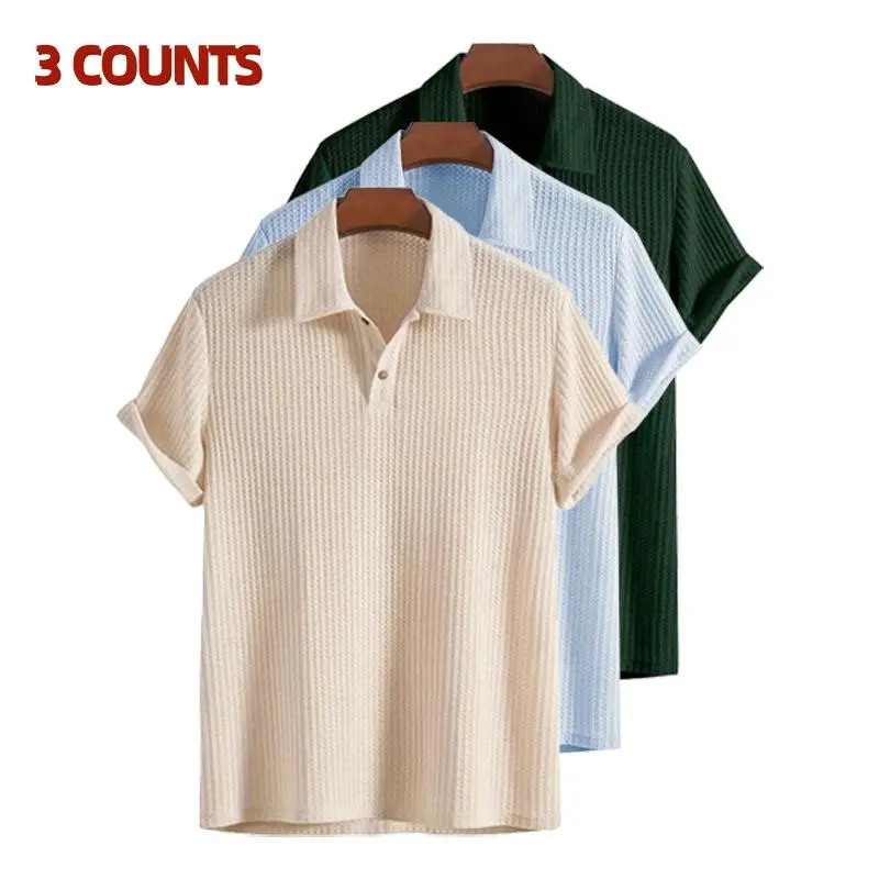 Men’s Plain Jacquard Knit Polo Shirt - Regular Fit Shortsleeve Menswear, Soft Comfortable Skin-Friendly Fabric, Summer Casual Button-Front Clothes, Green Top for Everyday Wear