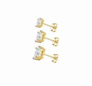 3 Pairs Square Earrings Set for Women Hypoallergenic  Cut Clear Cubic Zirconia Fine Stud Earring 5,6,7MM Pack S925 Solitaire Moissanite Earrings Magnetic Unisex Clip-On Princess Earrings Set Hammer Stone Earring