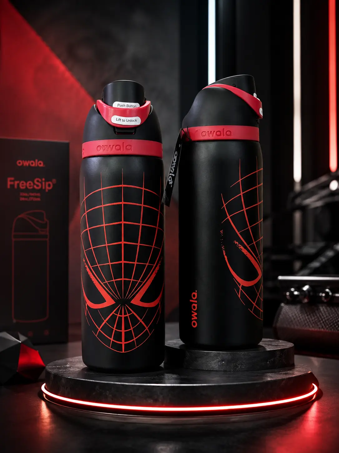 Owala FreeSip 32oz Spider Water Bottle, Insulated Stainless Steel Sports Tumbler, Leakproof Straw Lid, Black & Red Web Graphic, Gym, Travel & Everyday Use