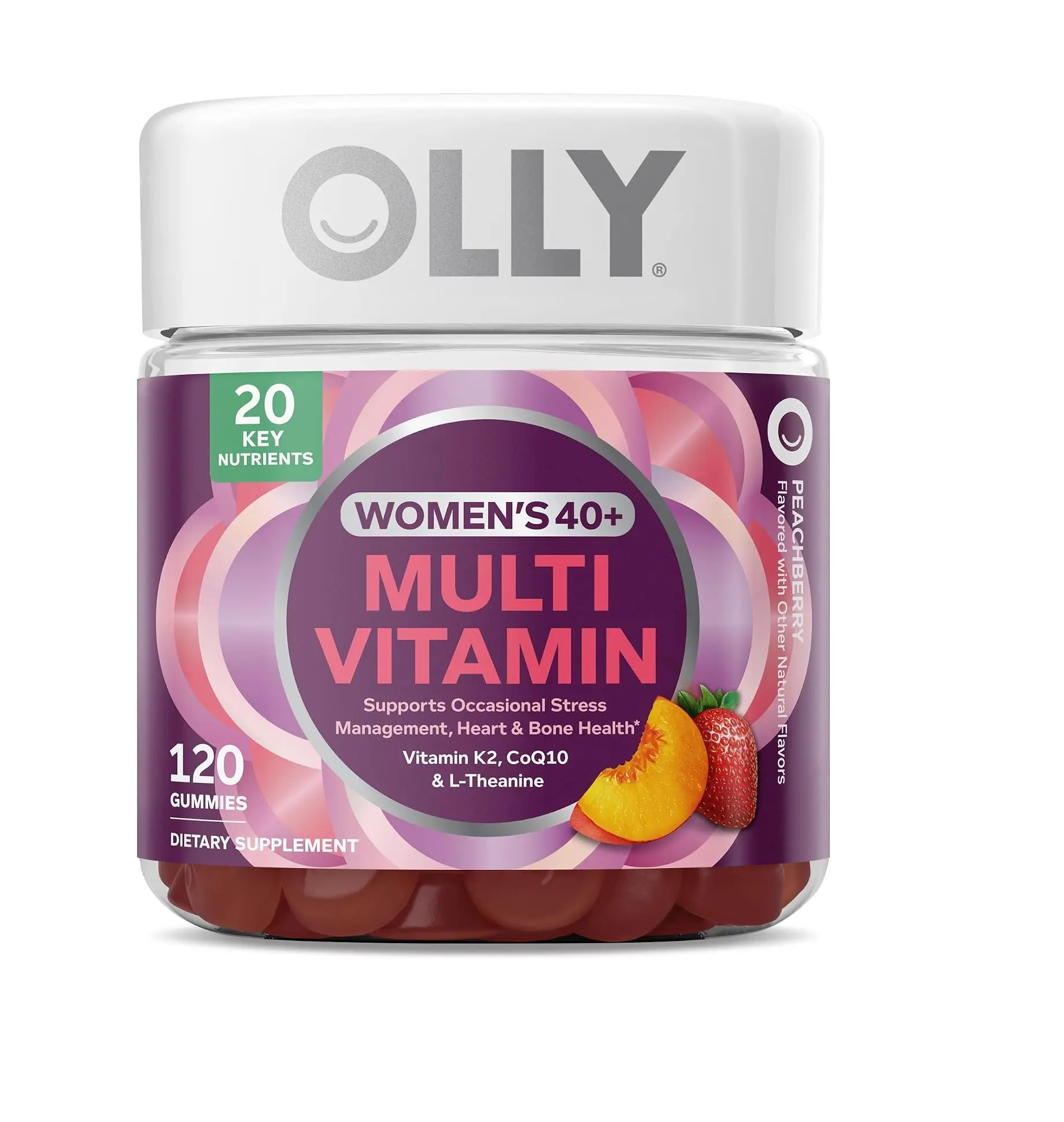 OLLY Women's 40+ Multi Gummies, 20 Key Nutrients Plus Vitamin K2, CoQ10, L-Theanine, Chewable Gummy Supplement, Peach Berry Flavored, 45 Day Supply - 120 Count