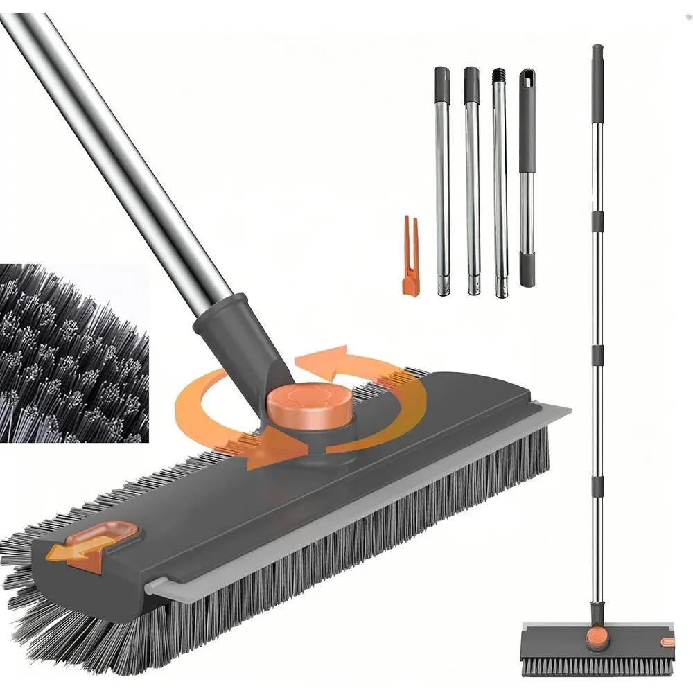 3-in-1 Rotatable Telescopic Floor Scrub Brush, Stainless Steel Extendable Handle, Compact Dense Stiff Bristles Silicone Wiper, Multi Surface Scrub Tool for Tile Basement Bathroom Balcony Household Goods Grey-Orange