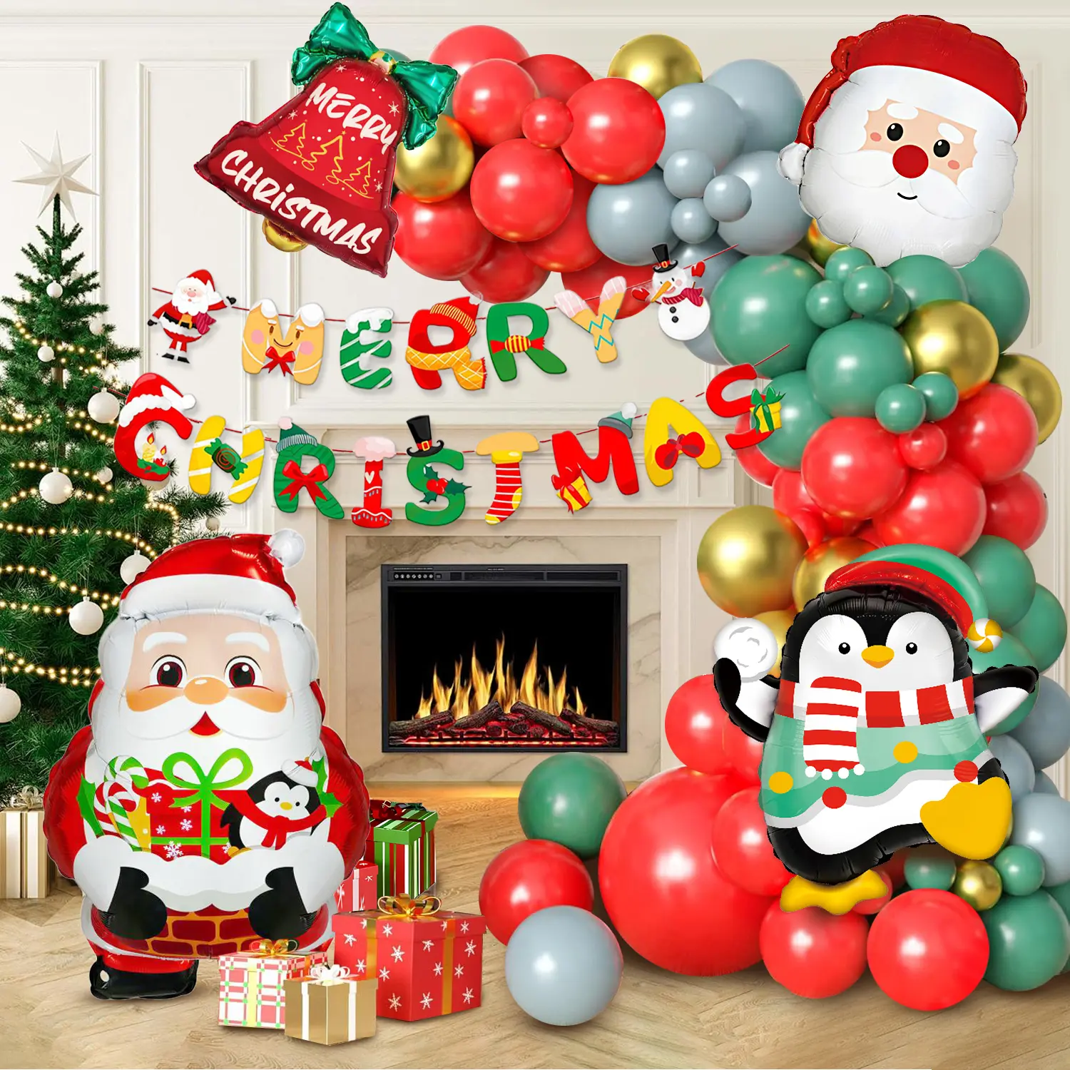 Christmas Balloon Garland Arch Kit with Red Green White Metallic Balloons Big Foil Snowflakes Santa Reindeer Balloons DIY Party Backdrop Decor for Xmas Eve TikTok Viral Home Decoration Holiday Photo Booth Party Supplies