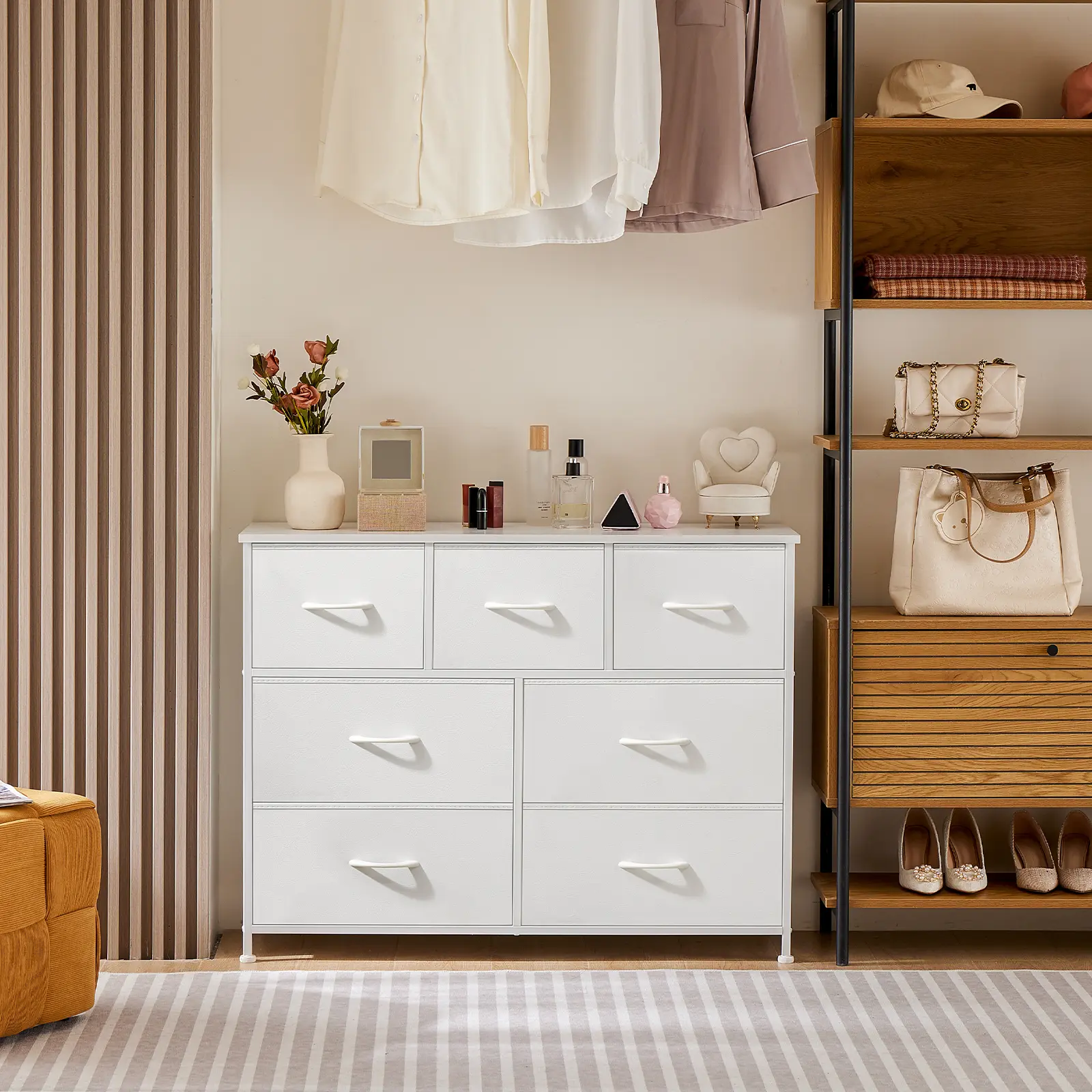 Organizer Storage, Chest Fabric Bins, Long Dresser with Wood Top for Bedroom, Closet, Entryway, 7-Drawers dressers