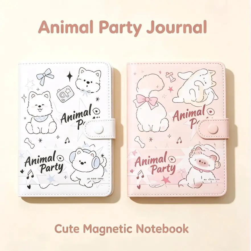 PU Leather Animal Theme Compact Diary Planner - Magnetic Closure, Dog & Cat Pattern, 96-Page Portable Home Supplies Stationery Gift for Girls Students