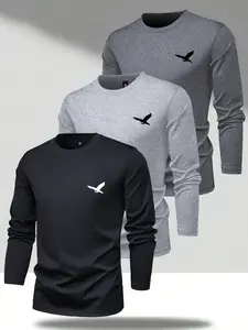 3pcs Spring Autumn Thin Style Men's Eagle Pattern Printed Long Sleeve T-Shirt Set Fashionable Versatile Base Shirt Casual Daily Commuter Round Neck T-Shirt Men's Personalized Sports Street Style The Best Gift For Men
