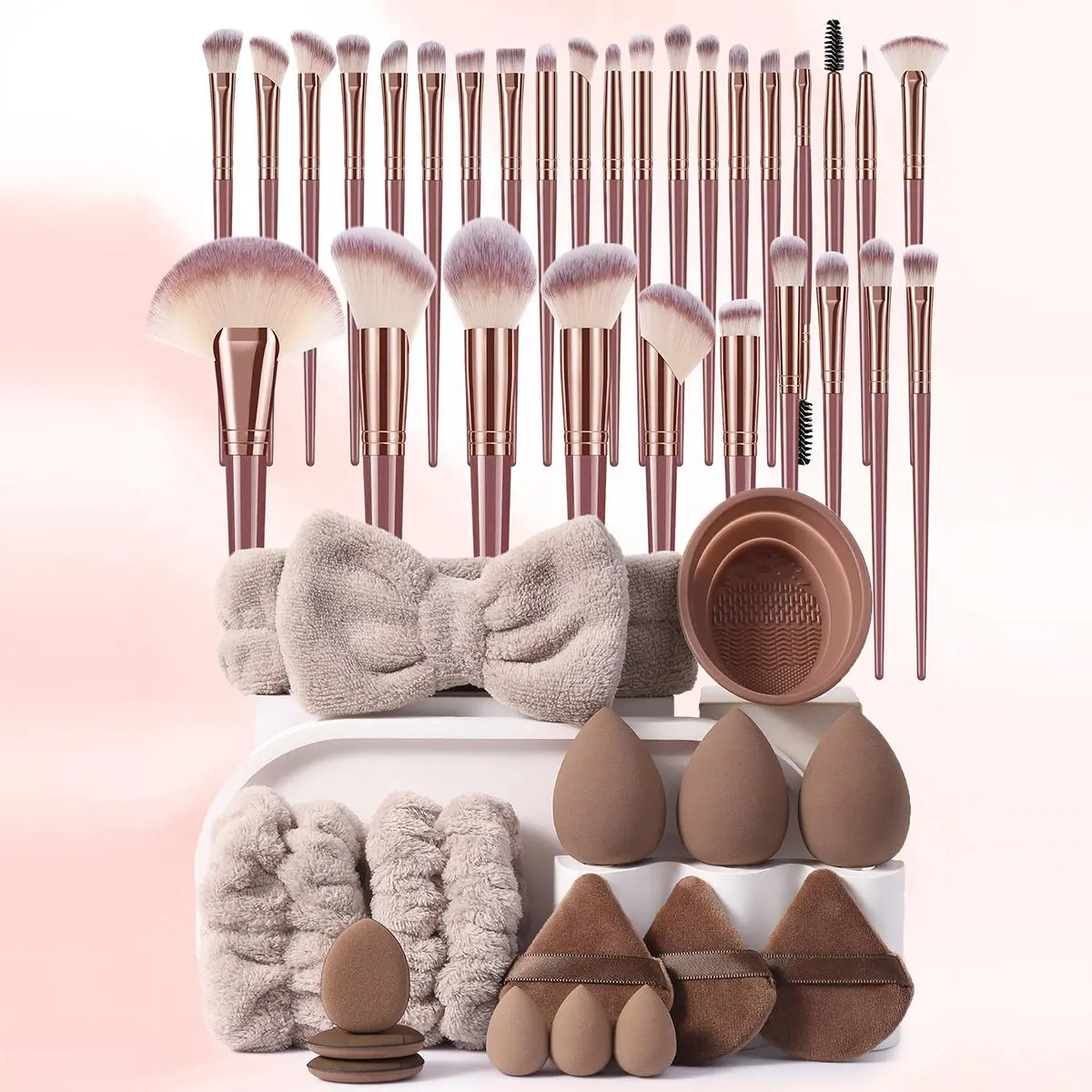 46PCS Makeup Tools Set Including:30PCS Makeup brush set+3PCS Makeup Sponges+3PCS Mini Makeup Sponges+3PCS Triangle Powder Puffs+3PCS Mini Air Cushion Powder Puffs+1PCS Makeup Brush Cleaning Tools+1PCS Hairband+2PCS Hand Bowl Strap,Gifts For Women