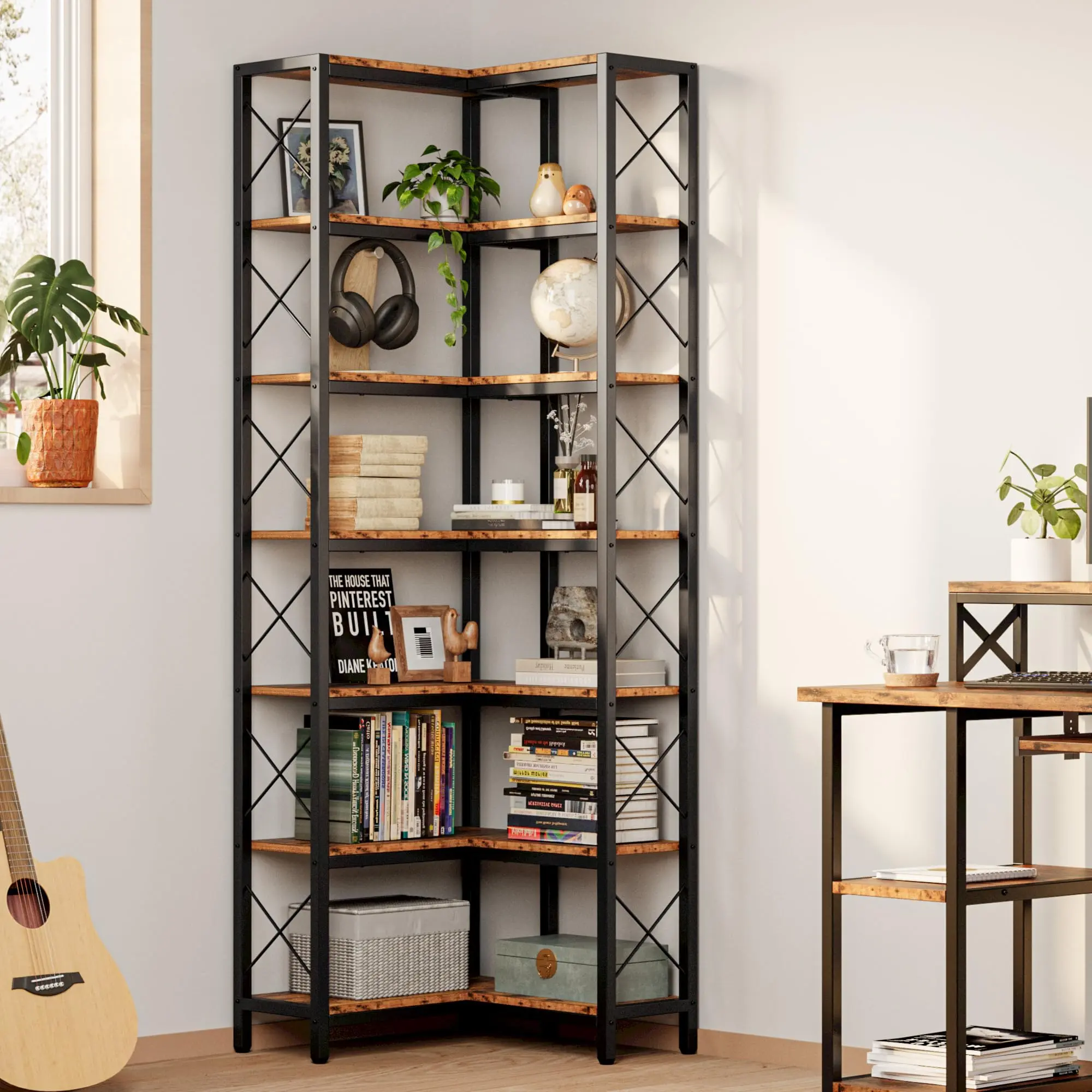 【7-Tier Corner】 IRONCK Metal Base Bookshelf,  Industrial  Rectangular Frame Display Storage Bookcase Rack for Books, Bedroom, Living Room