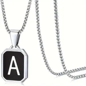 Unisex Initial Necklace A-Z, Square Capital Letter Charms in Black and Silver, Made of Stainless Steel, 24 Inch Chain, Ideal as a Gift or Jewelry Piece