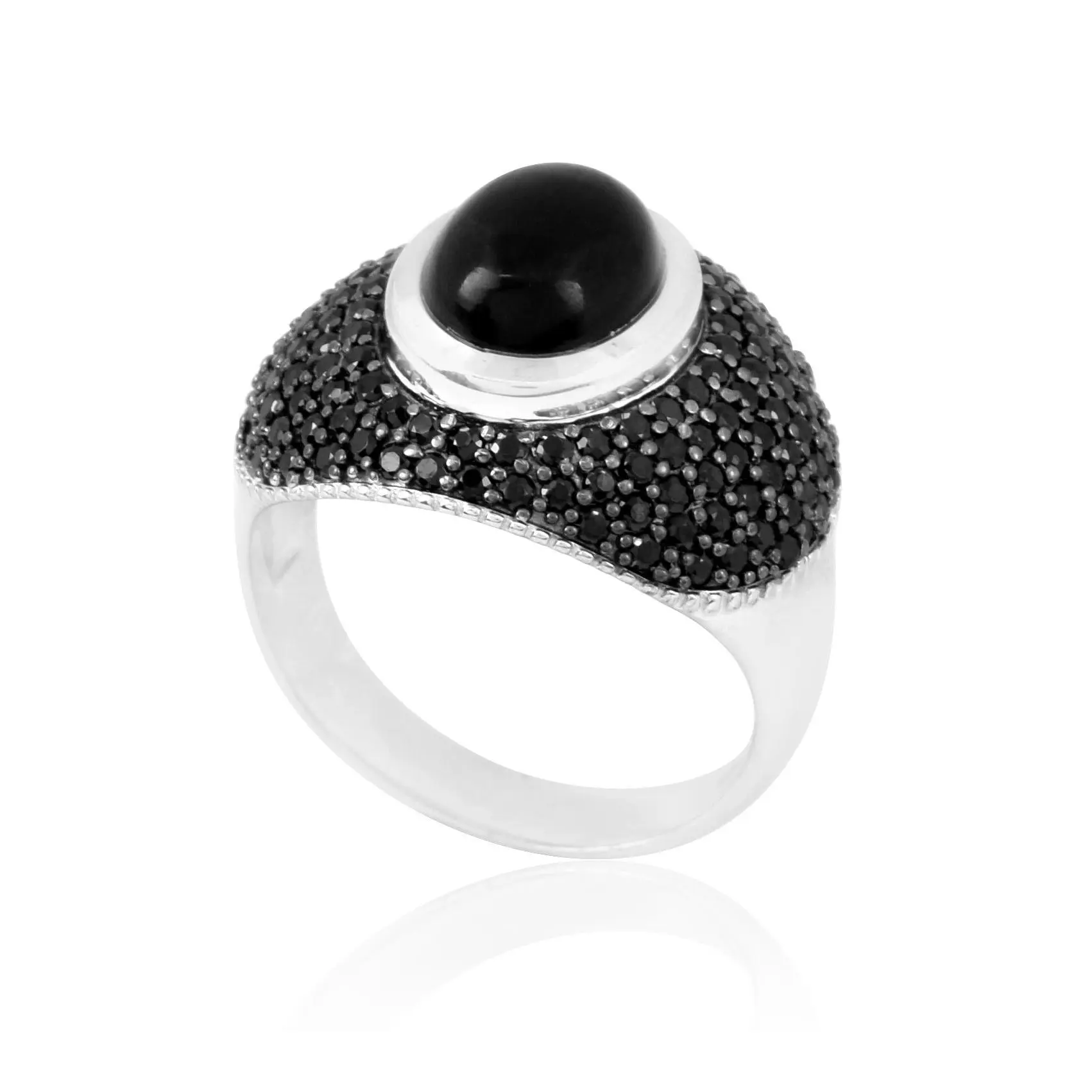 Sterling Silver Dome Shaped Black Chalcedony & Spinel Ring